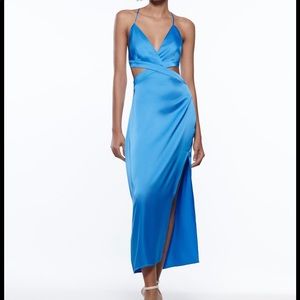 Satin effect blue cut out dress Zara